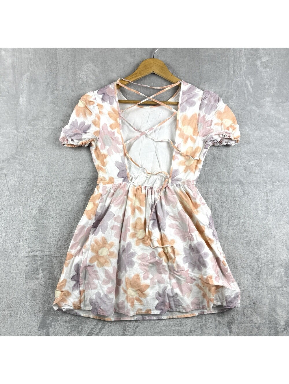Sunday Best Women Size 2 Floral Linen Cotton Puff Sleeve Mini Dress Pastel Soft - Picture 2 of 10